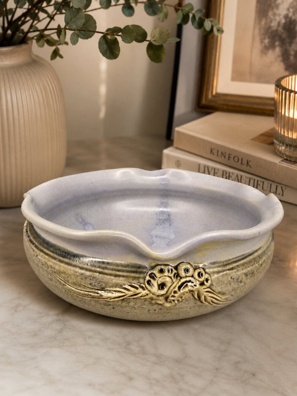 Vintage Studio Pottery Bowl Large Wavy Rim Ceramic Centerpiece Purple Glaze